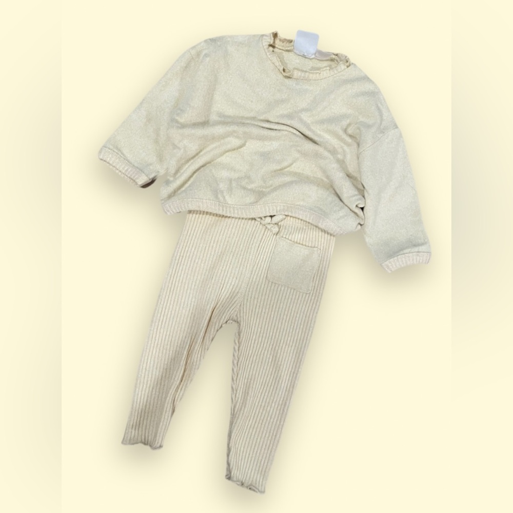 EUC ZARA Pale Yellow Sweater and Ribbed Legging Set with Ruffle Neckline